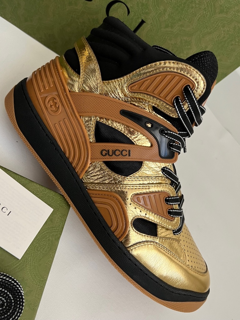 Gucci Men's Sneakers Basket Gold Black High Top Lace up Size 12 US 13 Runway New